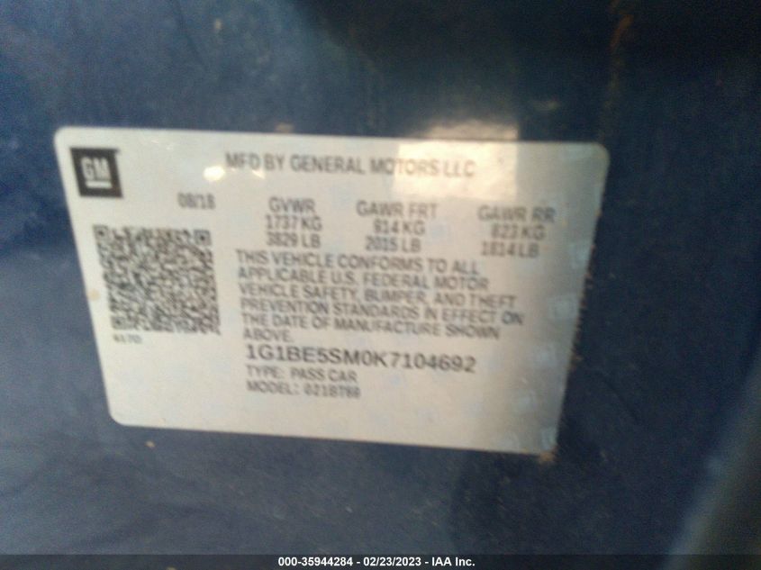 2019 CHEVROLET CRUZE LT - 1G1BE5SM0K7104692