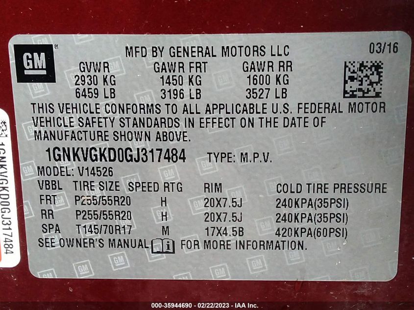 2016 CHEVROLET TRAVERSE LT - 1GNKVGKD0GJ317484