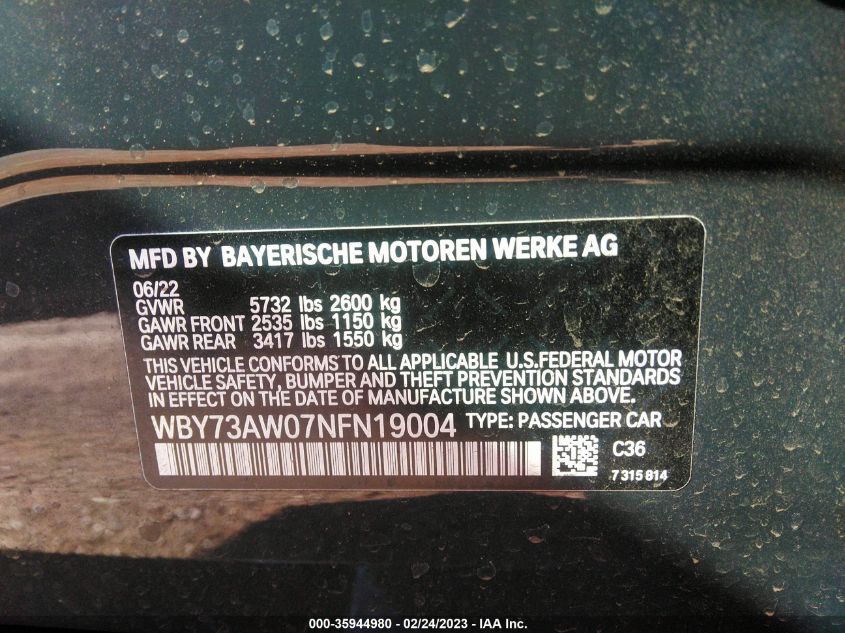 2022 BMW I4 EDRIVE40 WBY73AW07NFN19004
