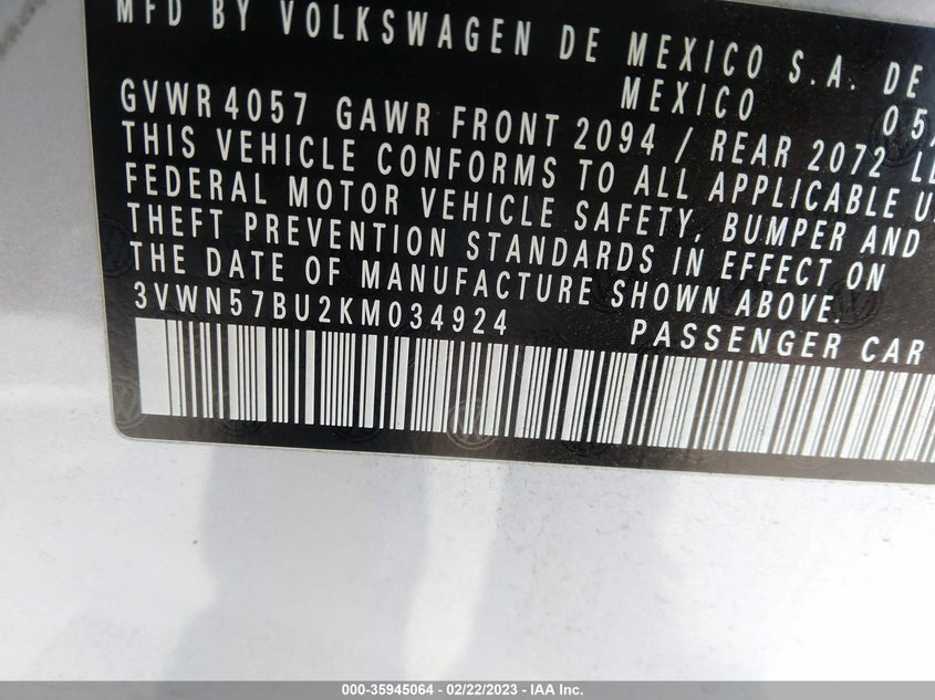 VIN 3VWN57BU2KM034924 2019 VOLKSWAGEN JETTA S