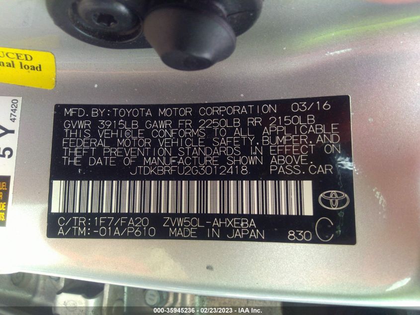 2016 TOYOTA PRIUS - JTDKBRFU2G3012418