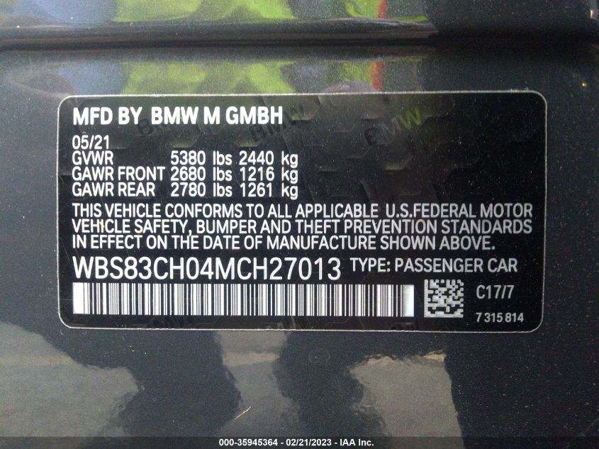 2021 BMW M5 - WBS83CH04MCH27013