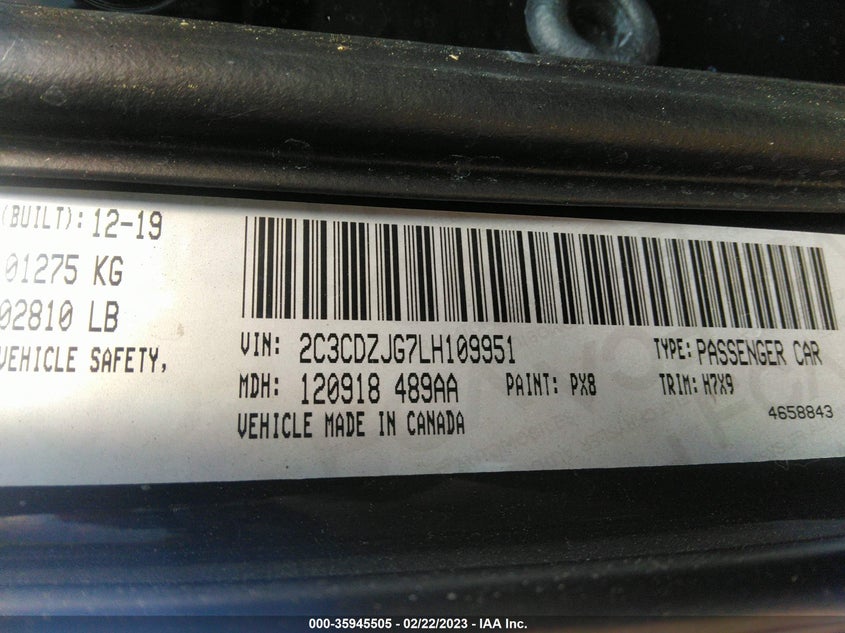 VIN 2C3CDZJG7LH109951 2020 DODGE CHALLENGER GT