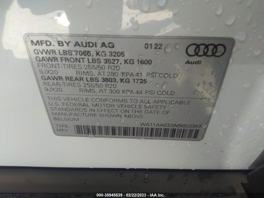 2022 AUDI E-TRON SPORTBACK S LINE PREMIUM WA11AAGE5NB023367