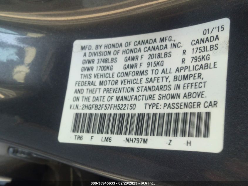 2015 HONDA CIVIC SEDAN LX - 2HGFB2F57FH522150
