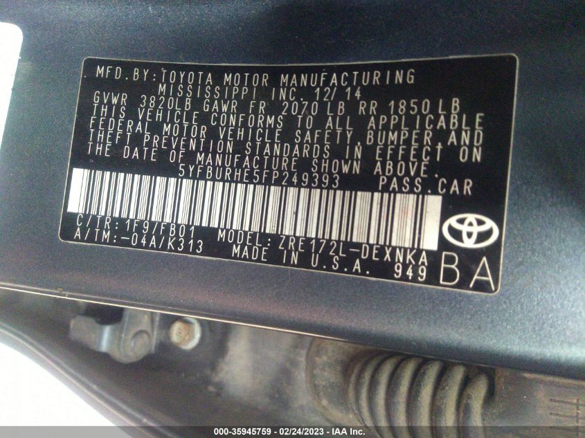 2015 TOYOTA COROLLA L/LE/S/S PLUS/LE PLUS - 5YFBURHE5FP249393