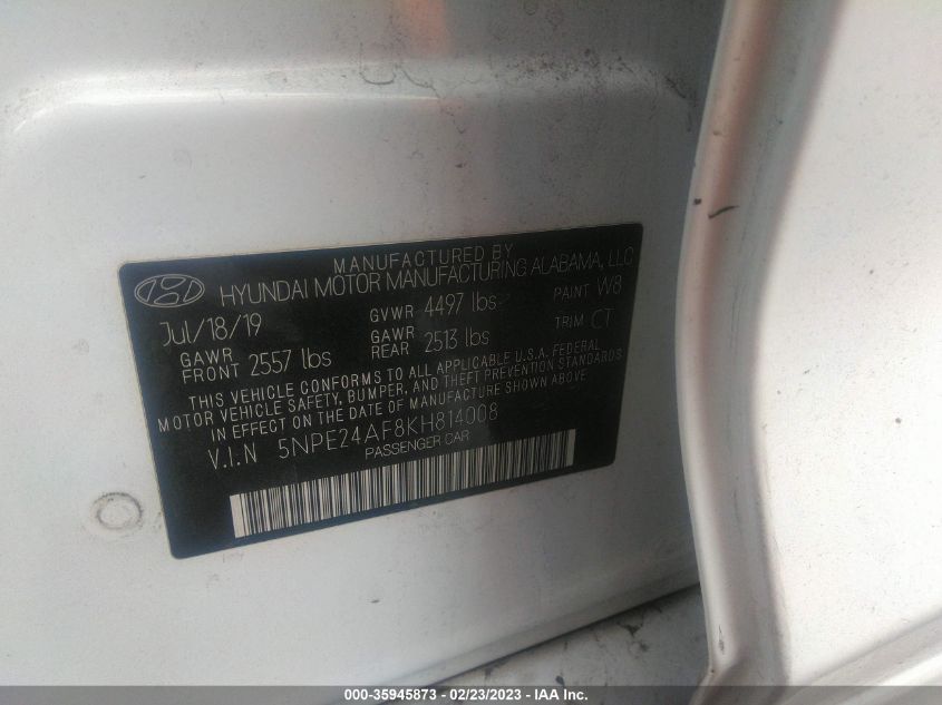 2019 HYUNDAI SONATA SE - 5NPE24AF8KH814008