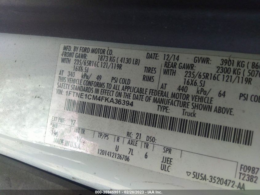 2015 FORD TRANSIT CARGO VAN - 1FTNE1CM4FKA36394