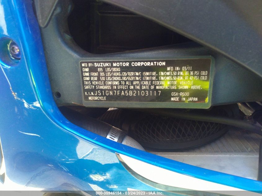 2011 SUZUKI GSX-R600 - JS1GN7FA5B2103117
