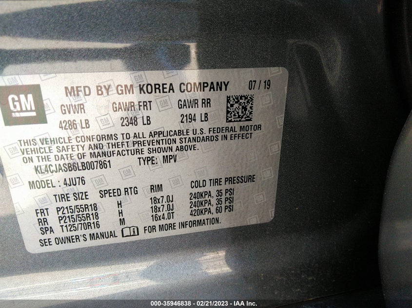 VIN KL4CJASB6LB007861 2020 BUICK ENCORE PREFERRED