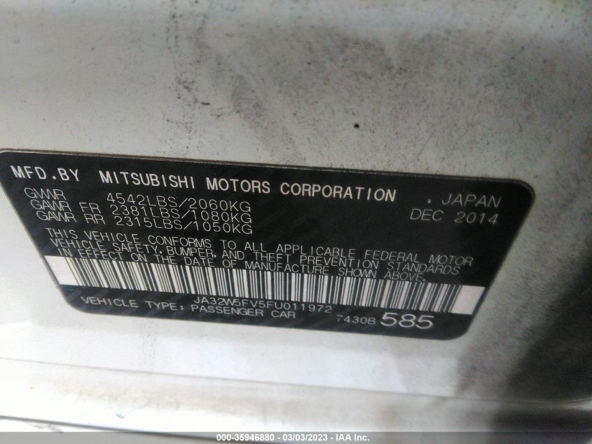 2015 MITSUBISHI LANCER EVOLUTION MR JA32W5FV5FU011972