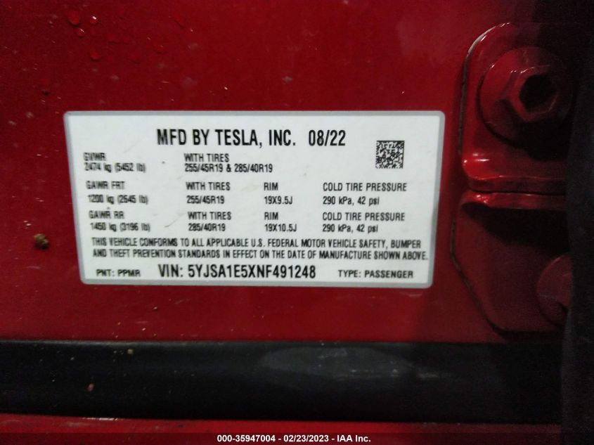 2022 TESLA MODEL S - 5YJSA1E5XNF491248