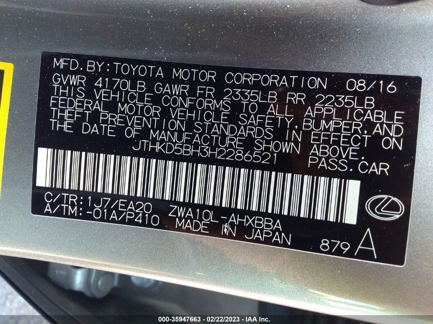 2017 LEXUS CT CT 200H JTHKD5BH3H2286521
