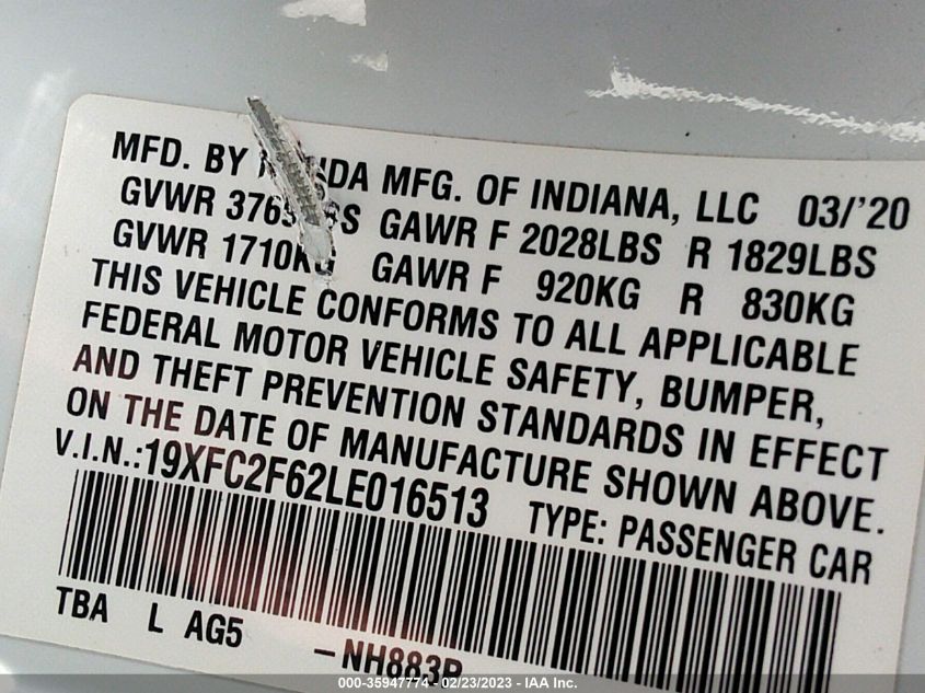 2020 HONDA CIVIC SEDAN LX - 19XFC2F62LE016513