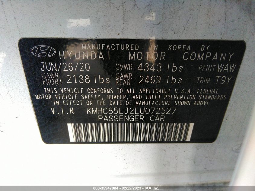 2020 HYUNDAI IONIQ ELECTRIC LIMITED KMHC85LJ2LU072527