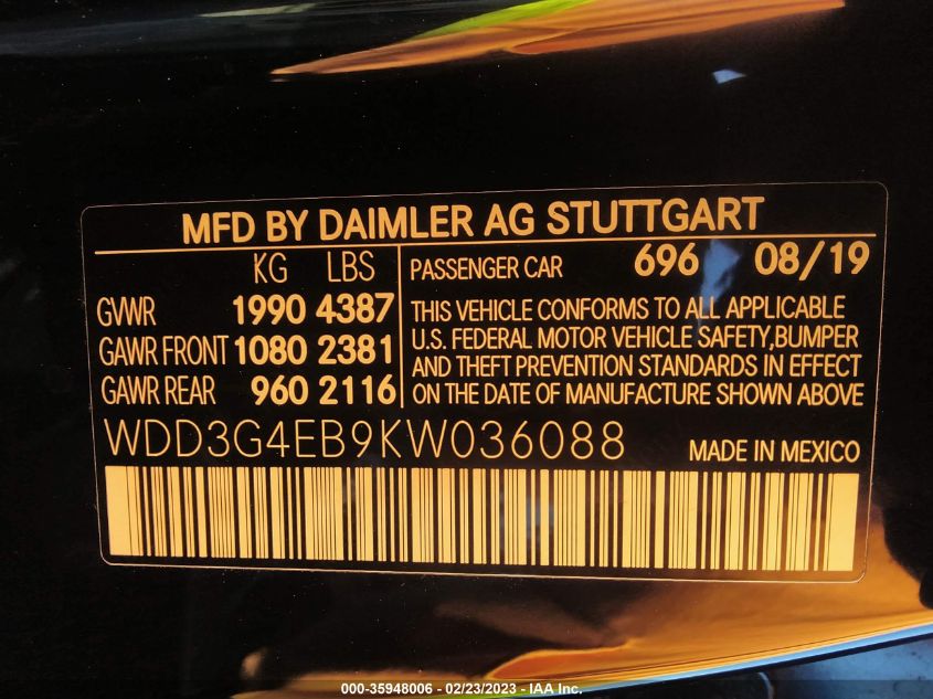 2019 MERCEDES-BENZ A-CLASS A 220 WDD3G4EB9KW036088