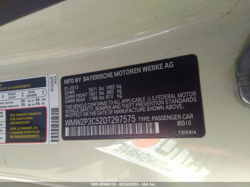 2013 MINI COOPER CONVERTIBLE S - WMWZP3C52DT297575