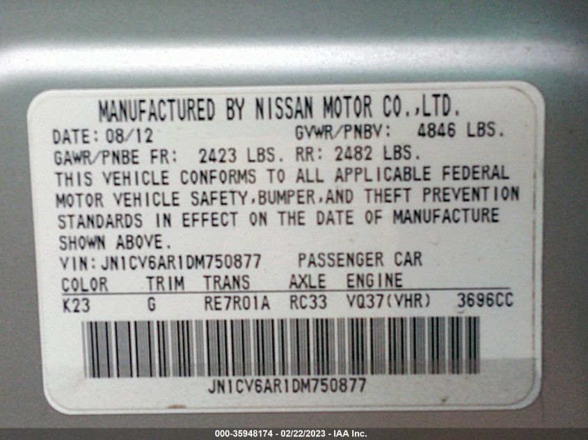 2013 INFINITI G37 SEDAN X JN1CV6AR1DM750877