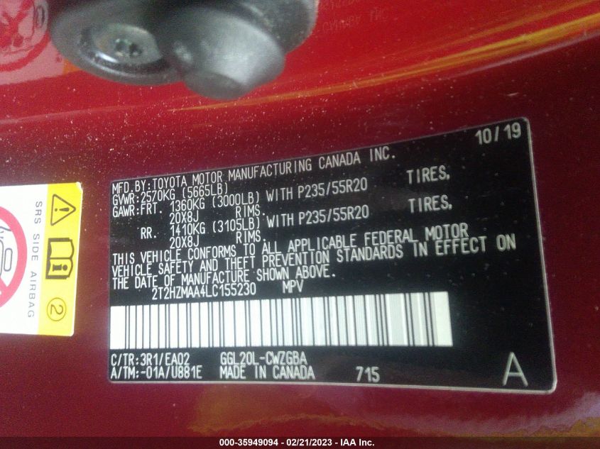 2020 LEXUS RX RX 350 - 2T2HZMAA4LC155230