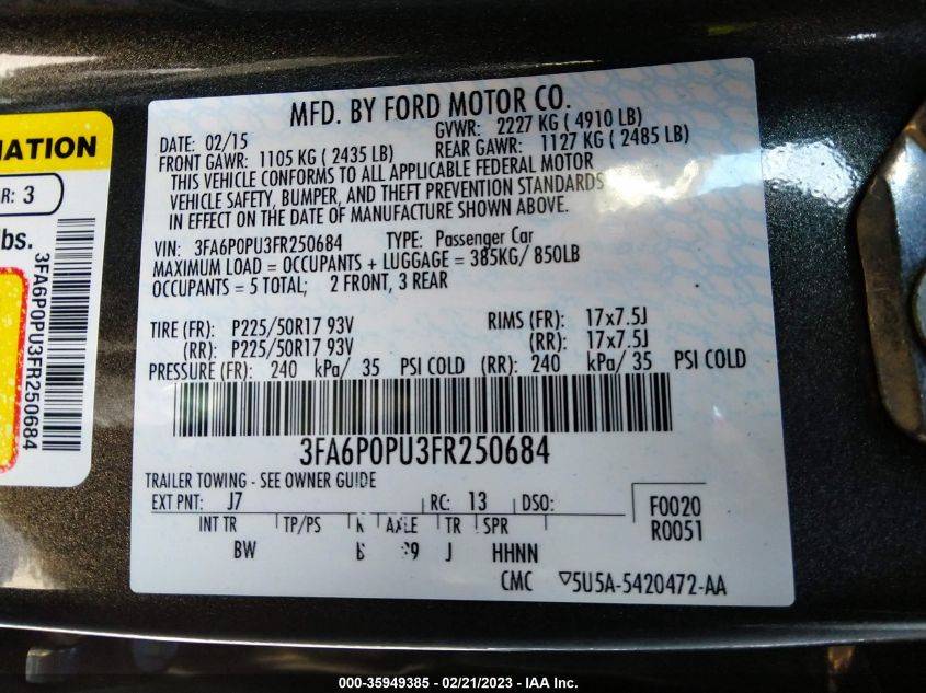 2015 FORD FUSION ENERGI SE LUXURY 3FA6P0PU3FR250684