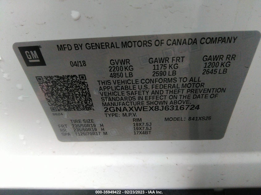 VIN 2GNAXWEX8J6316724 2018 CHEVROLET EQUINOX PREMIER