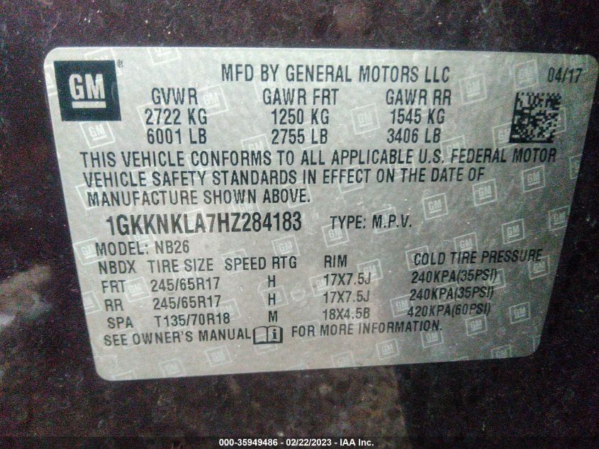 2017 GMC ACADIA SLE 1GKKNKLA7HZ284183