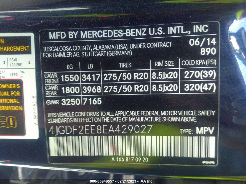 2014 MERCEDES-BENZ GL-CLASS GL 350 BLUETEC 4JGDF2EE8EA429027