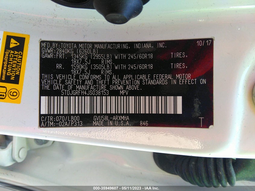 VIN 5TDJGRFH4JS038153 2018 TOYOTA HIGHLANDER HYBRID XLE