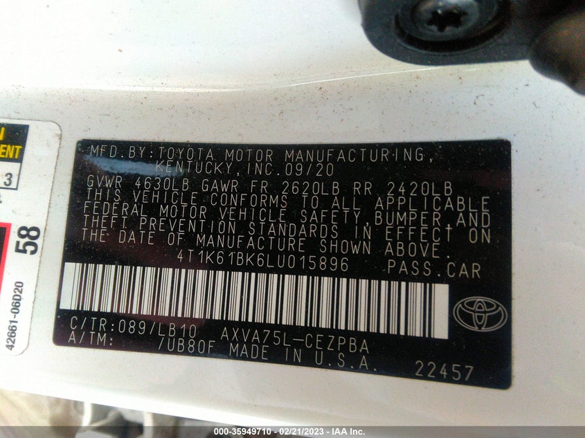 VIN 4T1K61BK6LU015896 2020 TOYOTA CAMRY XSE