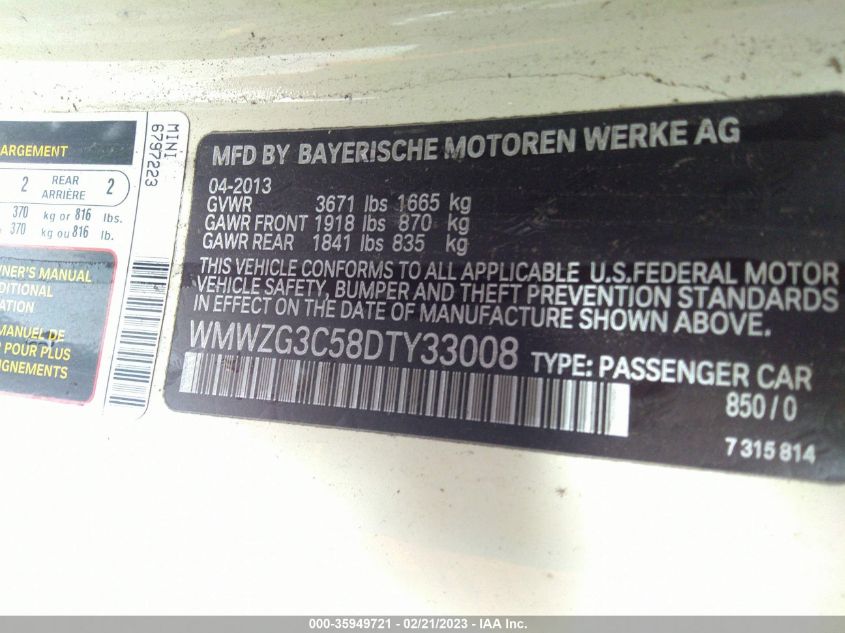 2013 MINI COOPER CLUBMAN S WMWZG3C58DTY33008