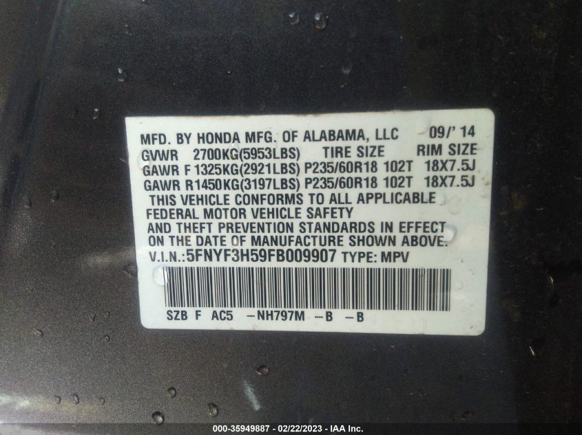 2015 HONDA PILOT EX-L - 5FNYF3H59FB009907