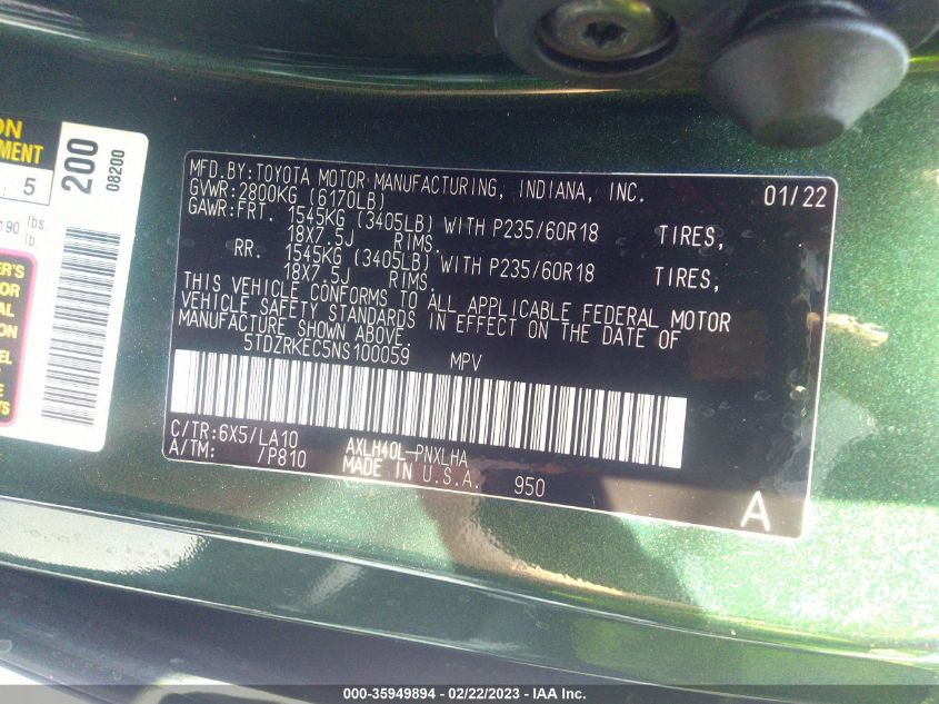 2022 TOYOTA SIENNA LIMITED - 5TDZRKEC5NS100059