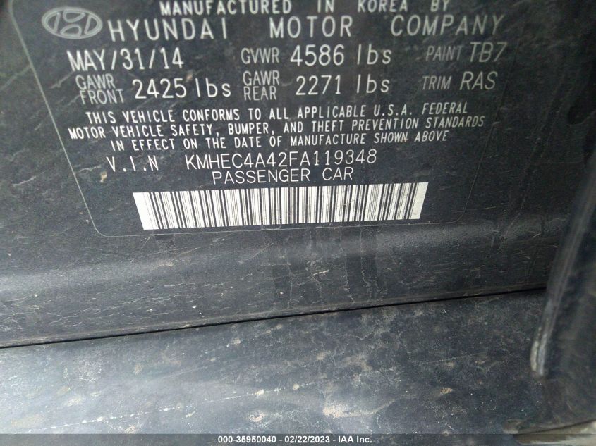2015 HYUNDAI SONATA HYBRID LIMITED - KMHEC4A42FA119348