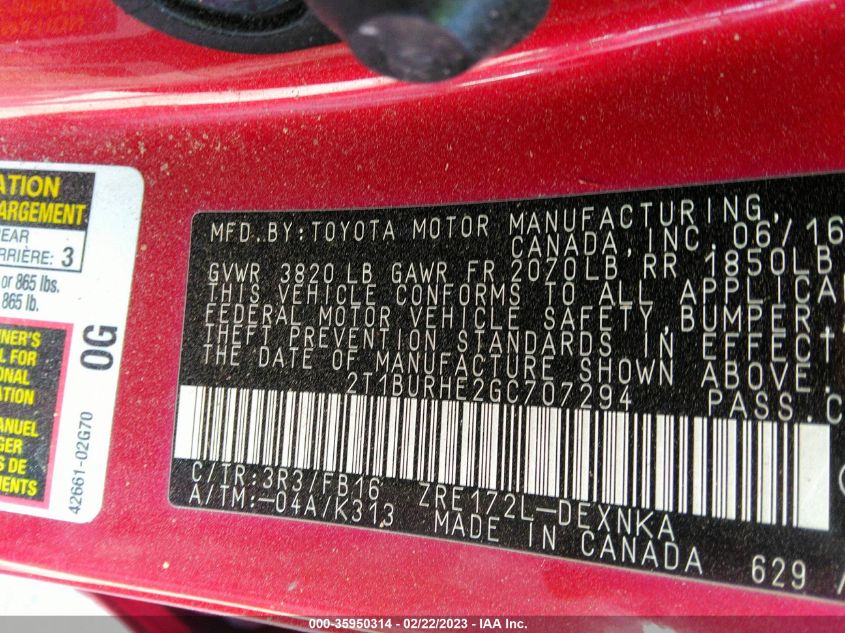 2016 TOYOTA COROLLA L/LE/S/S PLUS/LE PLUS - 2T1BURHE2GC707294