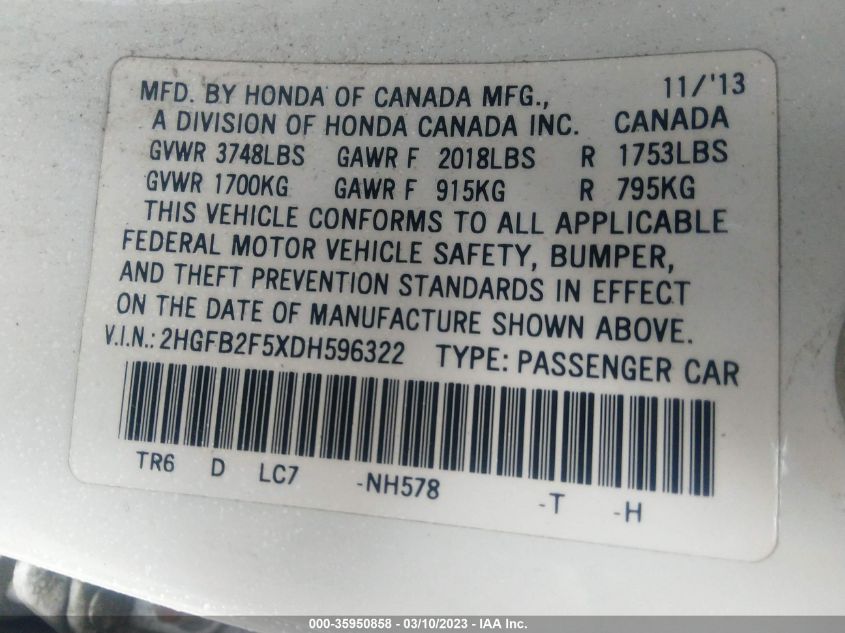 2013 HONDA CIVIC SDN LX - 2HGFB2F5XDH596322