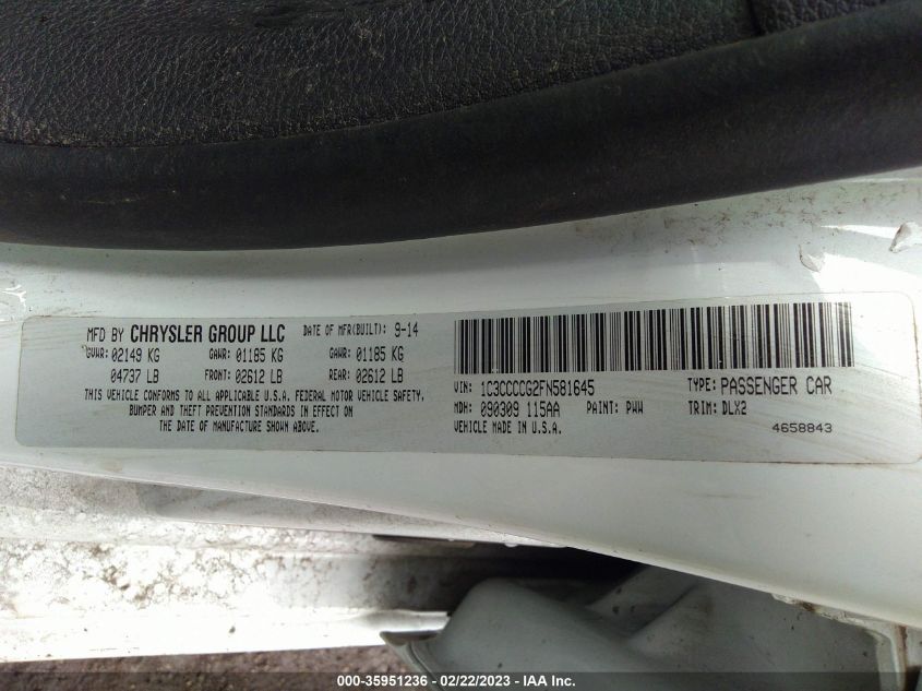 2015 CHRYSLER 200 C - 1C3CCCCG2FN581645