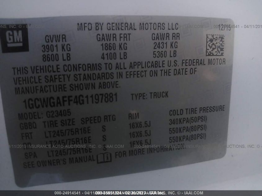 2016 CHEVROLET EXPRESS CARGO VAN 1GCWGAFF4G1197881