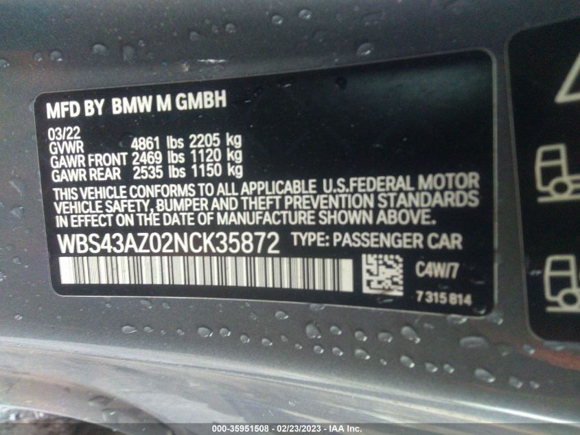 Auction sale of the 2022 BMW M4 , vin: WBS43AZ02NCK35872, lot number: 35951508