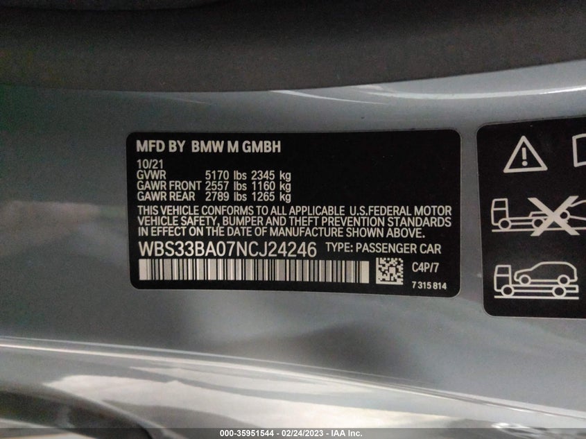 Auction sale of the 2022 BMW M4 , vin: WBS33BA07NCJ24246, lot number: 35951544