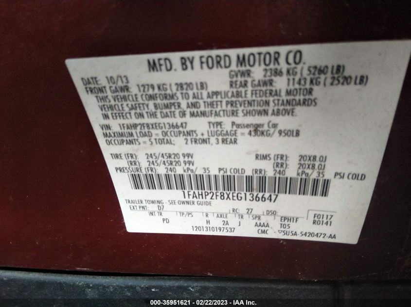2014 FORD TAURUS LIMITED - 1FAHP2F8XEG136647