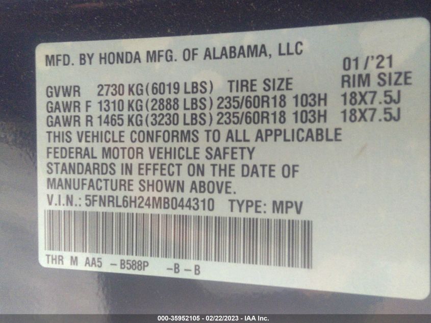 2021 HONDA ODYSSEY LX - 5FNRL6H24MB044310