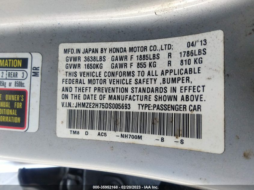 2013 HONDA INSIGHT EX - JHMZE2H75DS005693