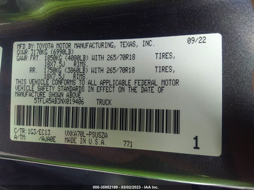 2022 TOYOTA TUNDRA 2WD SR5 5TFLA5AB3NX019406