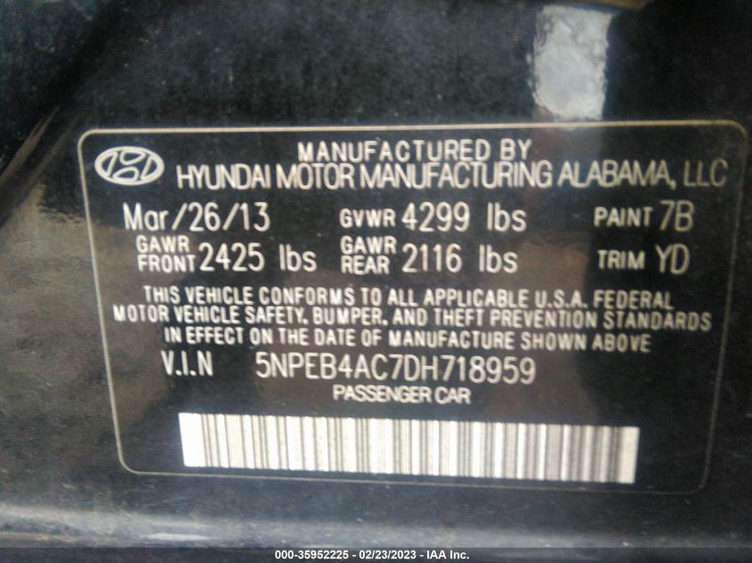 VIN 5NPEB4AC7DH718959 2013 HYUNDAI SONATA no.9