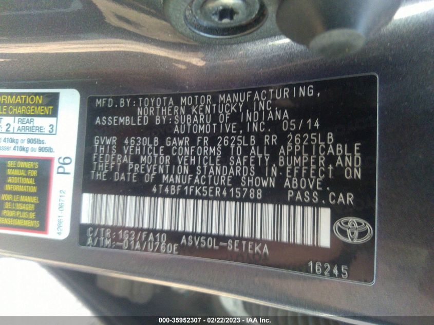 2014 TOYOTA CAMRY L/LE/XLE/SE/SE SPORT - 4T4BF1FK5ER415788