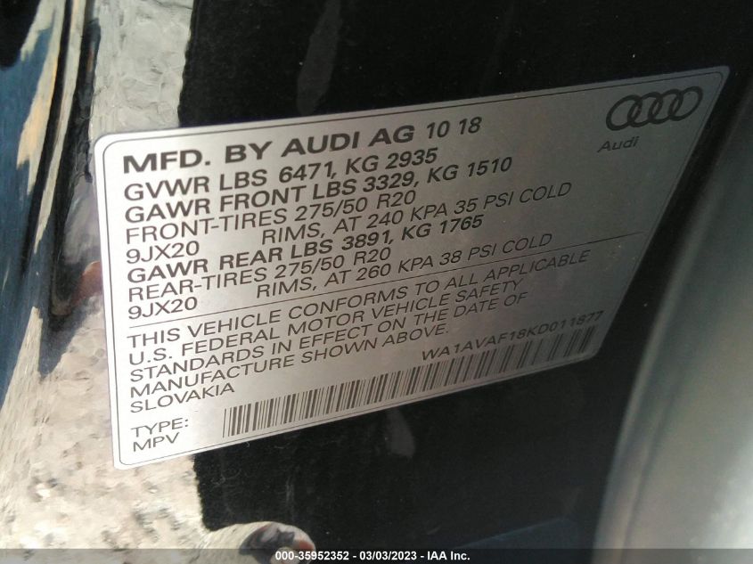 2019 AUDI Q8 PREMIUM - WA1AVAF18KD011877