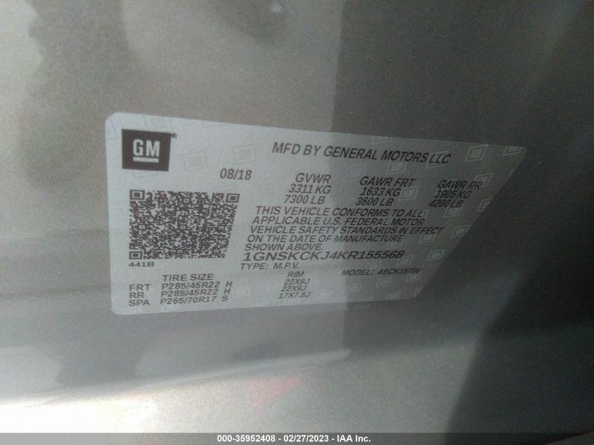 2019 CHEVROLET TAHOE PREMIER - 1GNSKCKJ4KR155568