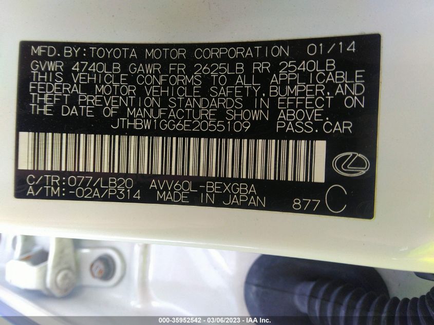 2014 LEXUS ES 300H HYBRID JTHBW1GG6E2055109