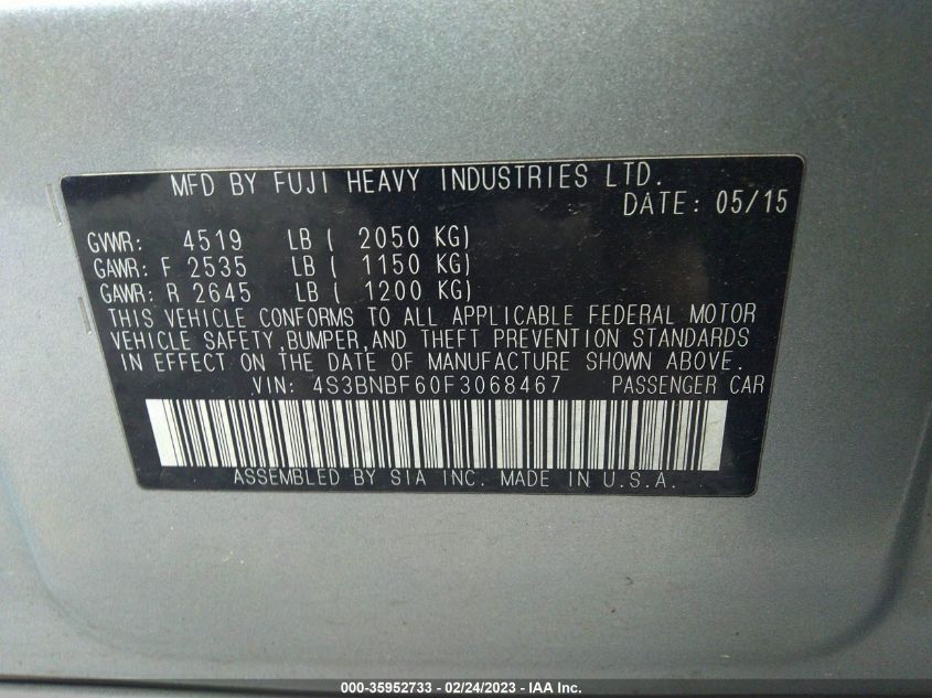 2015 SUBARU LEGACY 2.5I PREMIUM - 4S3BNBF60F3068467