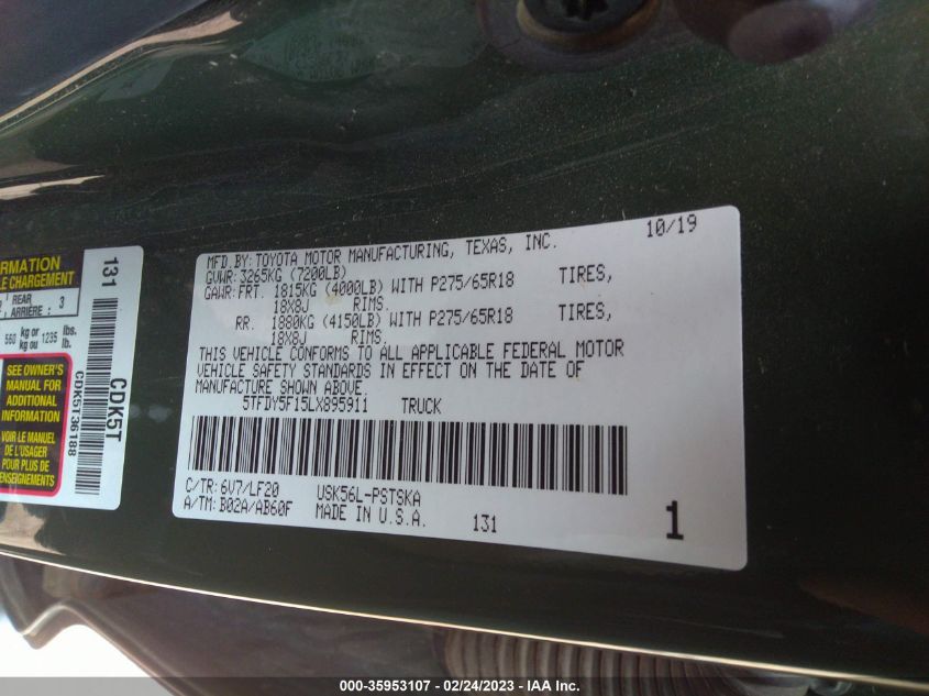 2020 TOYOTA TUNDRA 4WD SR5/TRD PRO - 5TFDY5F15LX895911